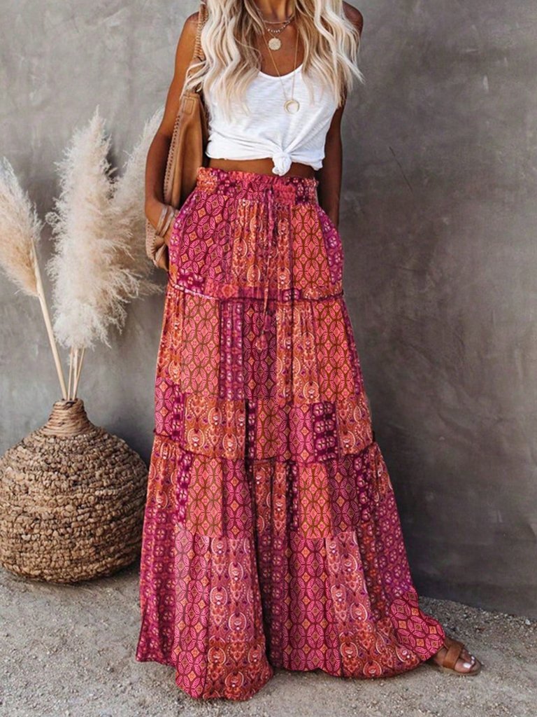 Red Bohemian Women's Lightweight High Waist Skirt With Floral Lace Hem